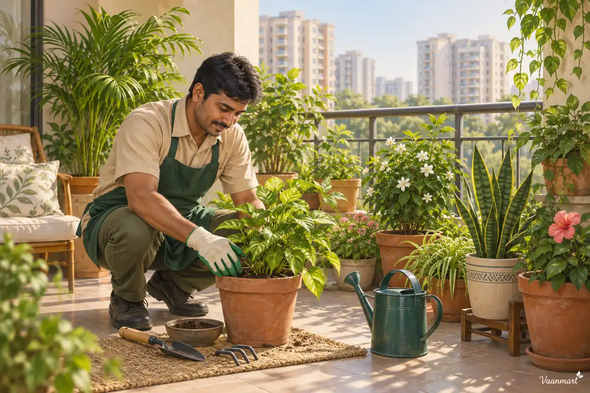 AI illustration of a gardener tending balcony plants in Greater Noida West
